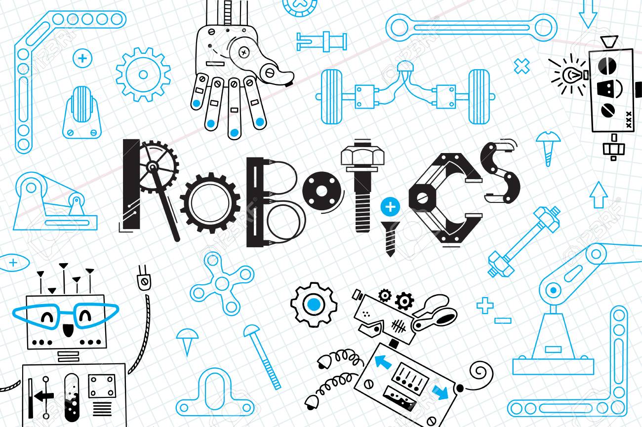 Robotics for kids. Banner or card. Robots and details for construction. Vector illustration